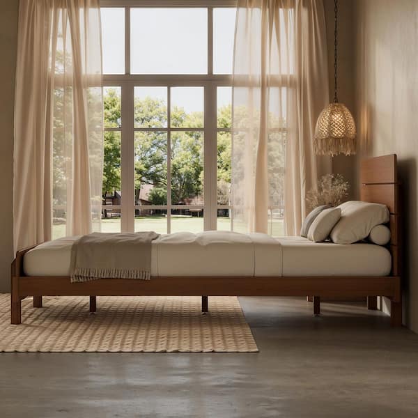 Brown Bamboo Frame Full Size Platform Bed with Headboard, Upgraded Support Slats