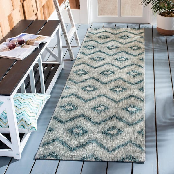 Courtyard Gray/Blue 2 ft. x 12 ft. Geometric Indoor/Outdoor Patio  Runner Rug