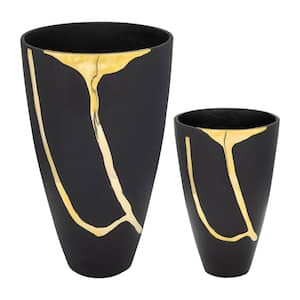 14 in. Black/Gold Metal Cracked Design Decorative Vase