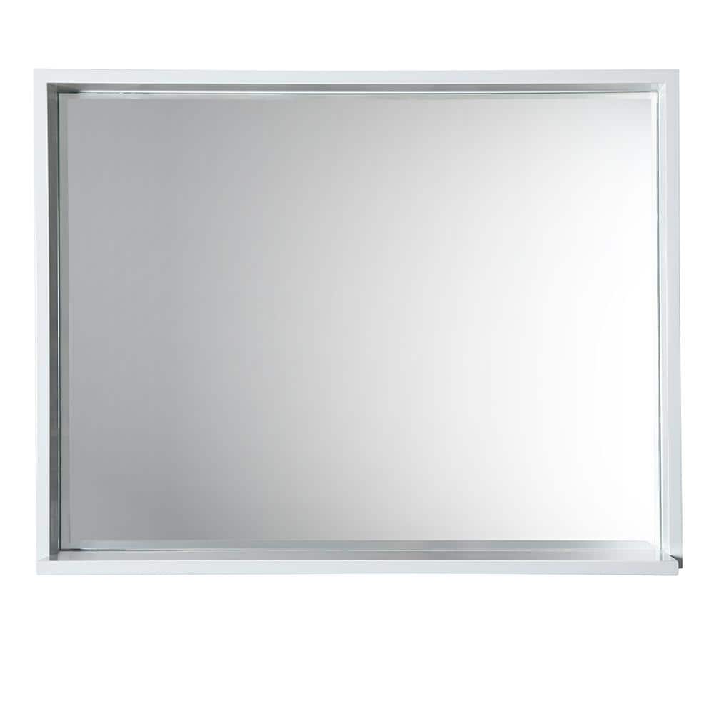 Sleek White Wood Rectangular Bathroom Vanity Mirror with Shelf
