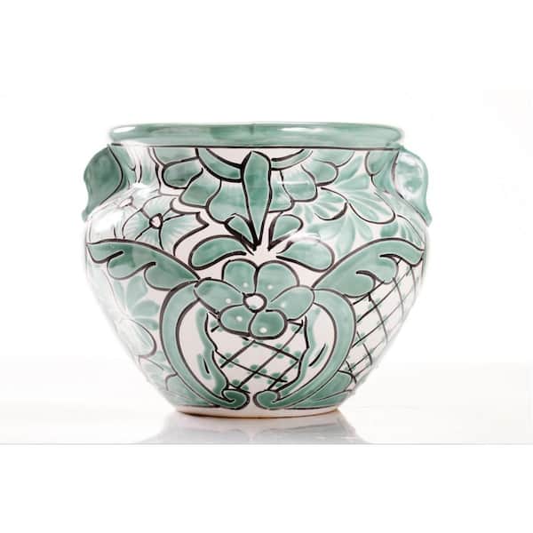 Small Traditional 12 in. W x 10.0 in. H Teal Talavera Ceramic Indoor Planter