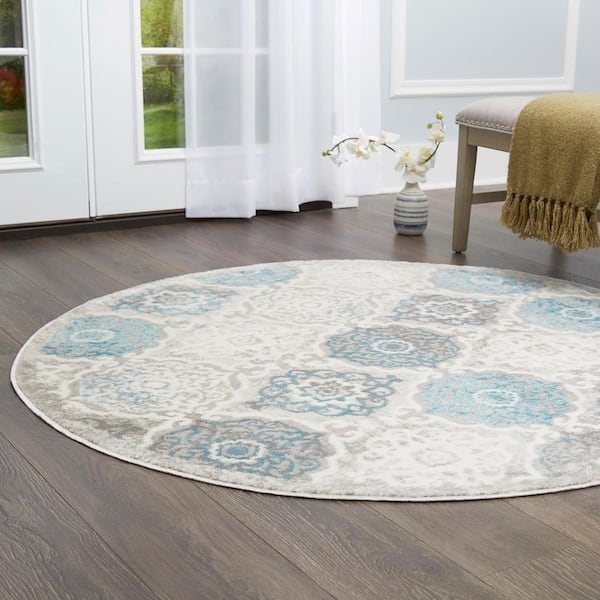 Boho Grey/Blue 8 ft. Round Indoor Area Rug