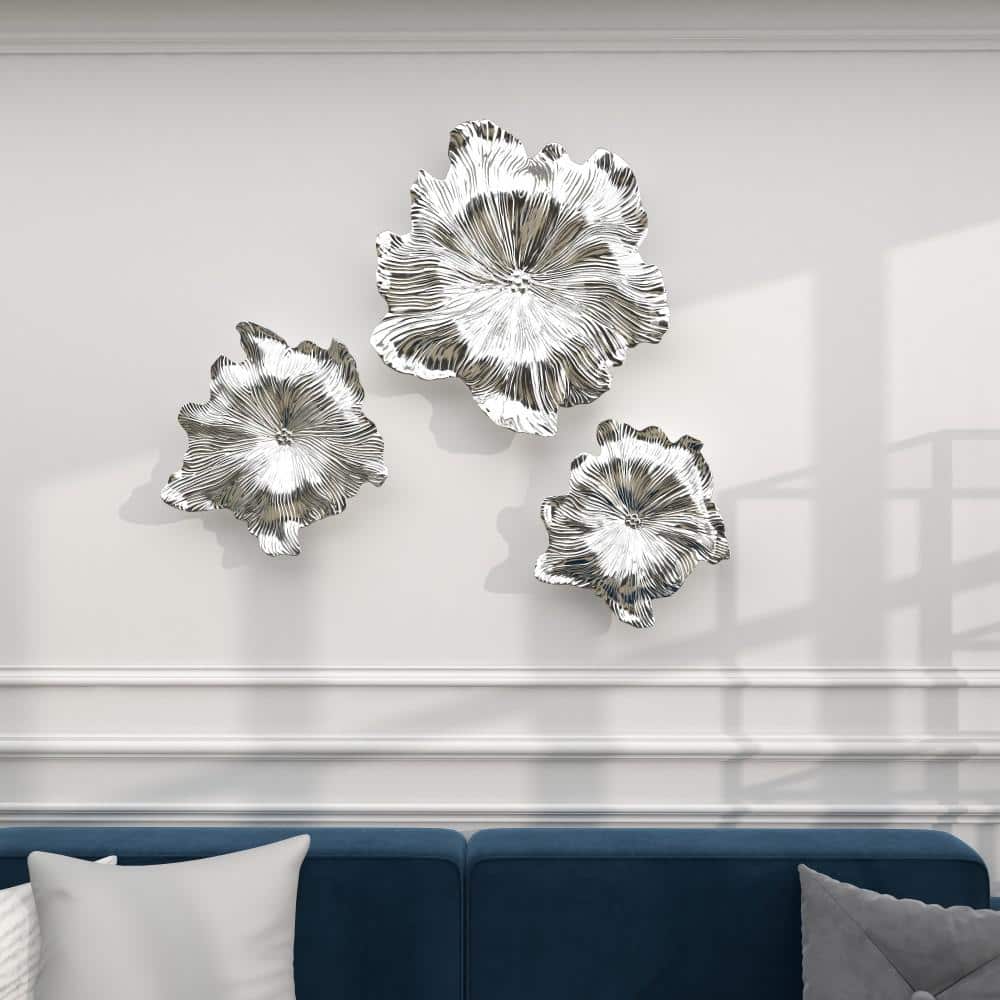 Silver Textured Resin Floral Wall Sculpture Set