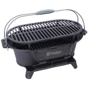 Outdoor Portable Oval Cast Iron Charcoal Grill, Tabletop Cast Iron Skillet in Black