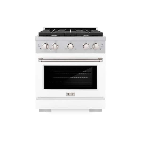 ZLINE Kitchen and Bath 30 in. Paramount Gas Range with 4 Burner Cooktop and Convection Gas Oven in Satin Stainless Steel with White Matte Door
