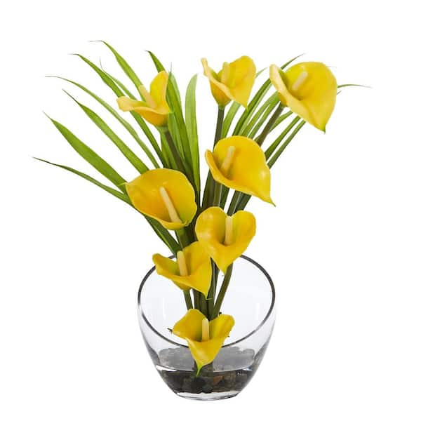 Nearly Natural 15.5 in. High Yellow Calla Lily and Grass Artificial Arrangement in Vase