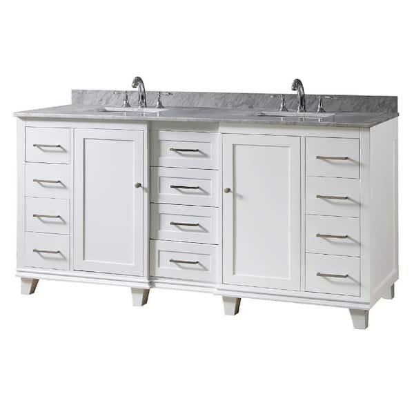 Direct vanity sink Ultimate Classic 72 in. Vanity in White with Carrara White Marble Vanity Top with white basins