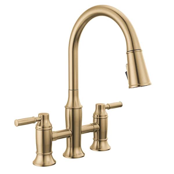 Delta Renaldi Gold Double Handle Bridge Kitchen Faucet in Lumicoat Champagne Bronze