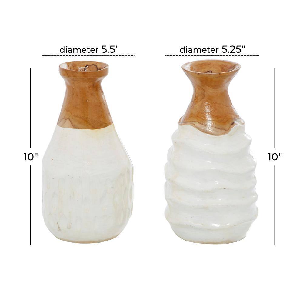 Handmade White Teak Wood Ripple Texture Vase Set, 5.5" x 9.9"
