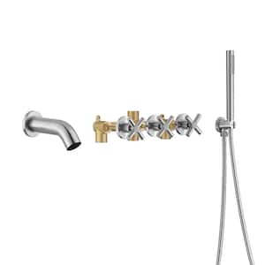 Contemporary Triple Handle Wall Mount Roman Tub Faucet with Hand Shower in Brushed Nickel