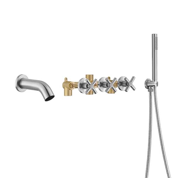 SUMERAIN Contemporary Triple Handle Wall Mount Roman Tub Faucet with Hand Shower in Brushed Nickel