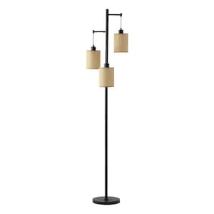 68.9 in. Black 3-Light Tree Floor Lamp with Hand Woven Shade