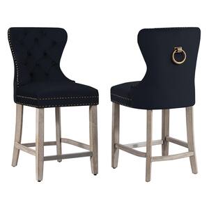 Harper 24 in. in Black Velvet Tufted Wingback Kitchen Counter Bar Stool with Solid Wood Frame in Antique Gray (Set of 2)