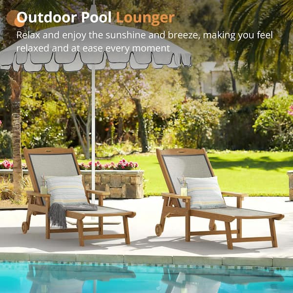 4-Piece Teak HDPS Plastic Patio Outdoor Chaise Lounge Chairs with Wheel Adjustable Textilene Recliner