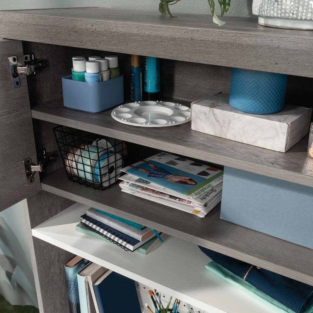 Mystic Oak and White Craft Storage Hutch with Adjustable Shelf
