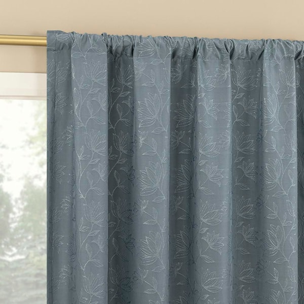 Bronte Floral Jacquard Denim Blue Layered 50 in. W x 84 in. L Rod Pocket 100% Blackout Curtain (Single Panel)