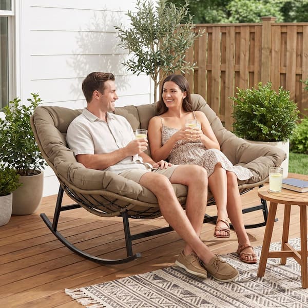 FINCATI Wicker Outdoor Rocking Chair with Brown Cushion, Double