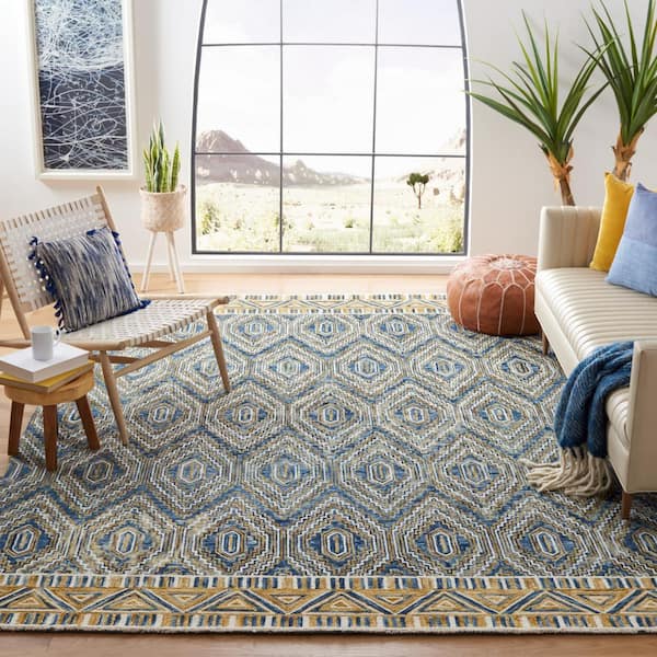 Aspen Blue/Gold 7 ft. x 7 ft. Border Ikat Square Area Rug