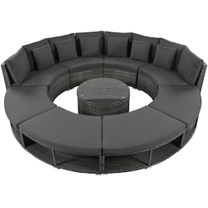 9-Piece Wicker Outdoor Circular Sectional Sofa Set with Gray Cushions, Tempered Glass Coffee Table, 6 Pillows
