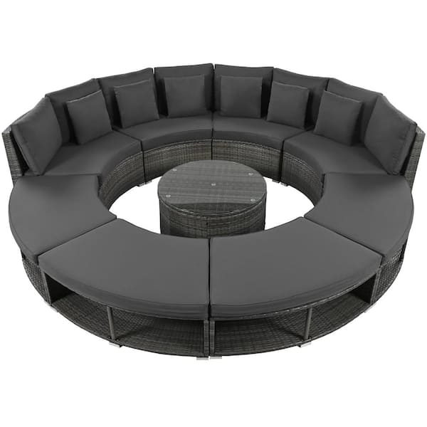Zeus & Ruta 9-Piece Wicker Outdoor Circular Sectional Sofa Set with Gray Cushions, Tempered Glass Coffee Table, 6 Pillows