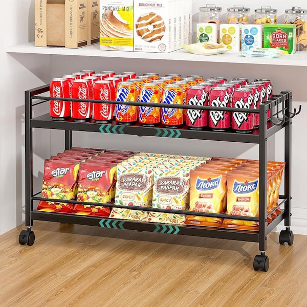 Black Expandable Rolling 2-Tier Pantry Cart with Adjustable Storage, Iron Shelves, 4 Hooks, Wheels, Kitchen Organizer