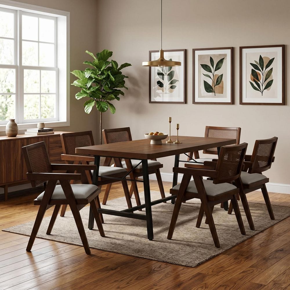 7-Piece Rectangular Walnut Brown MDF Top Dining Room Set Seats 6
