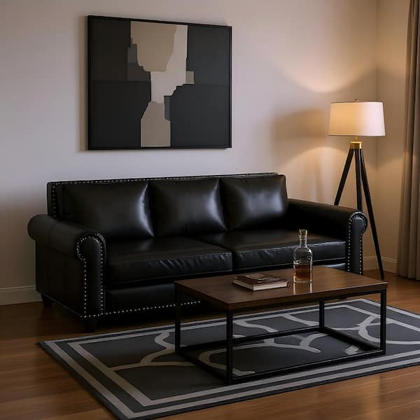 DBZY 93.7 in. Midnight Noir Faux Leather King Size 3-in-1 Convertible Sofa Bed with Nailhead Trim and Rolled Arms