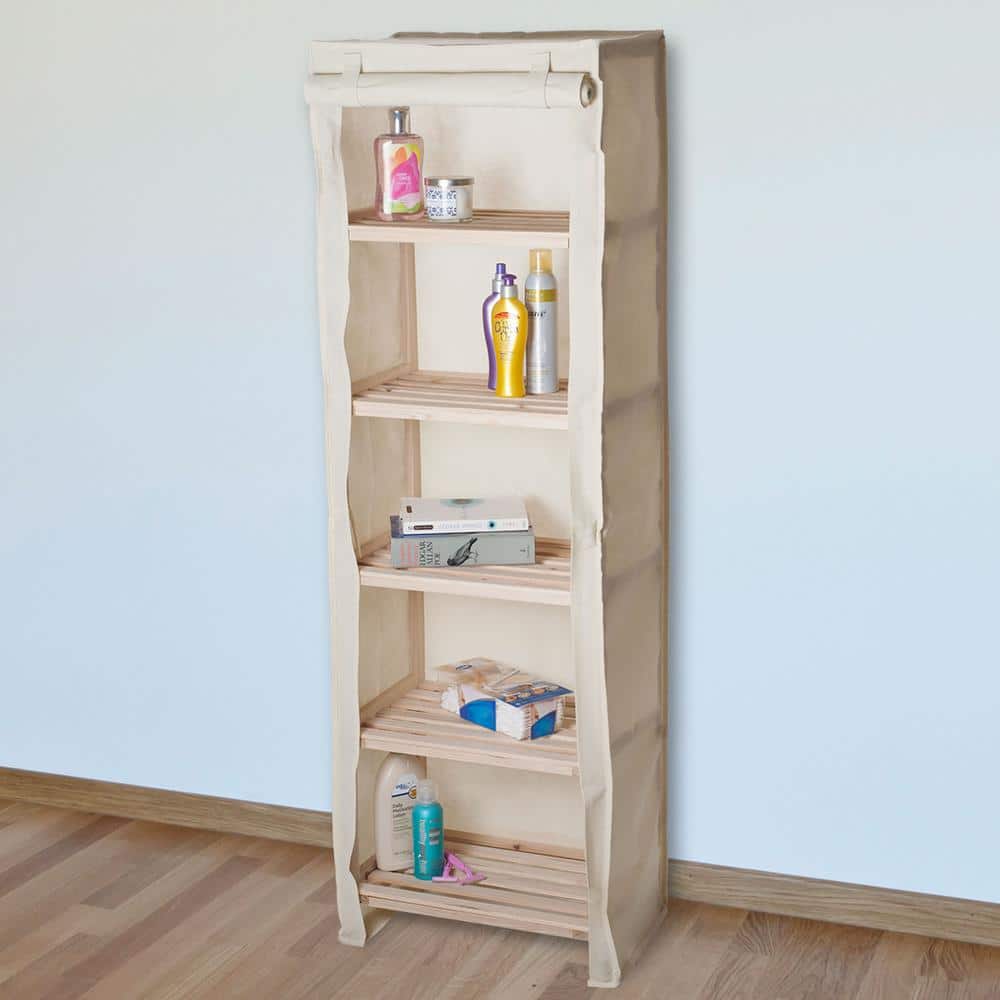 Five-Tier Light Wood and Metal Storage Shelf with Removable Cover