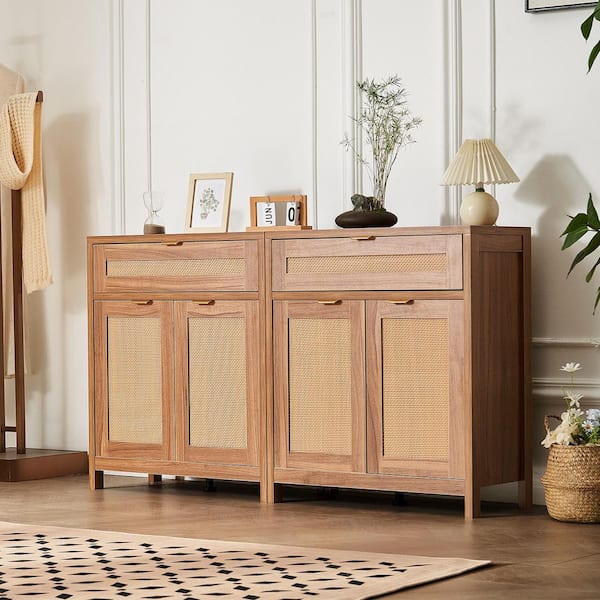 Rattan Cabinet, Set of 2, Rattan Storage Cabinet with 4 Magnetic Doors and 2 Drawers, Sideboard Buffet Natural wood