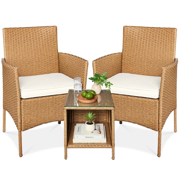 Best Choice Products 3-Piece Outdoor Wicker Conversation Patio Bistro Set, w/ 2-Chairs, Table, Cushions - Natural/Ivory