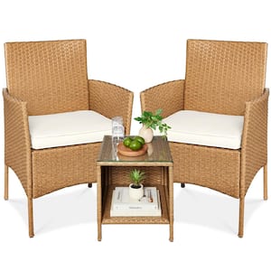 3-Piece Outdoor Wicker Conversation Patio Bistro Set, w/ 2-Chairs, Table, Cushions - Natural/Ivory