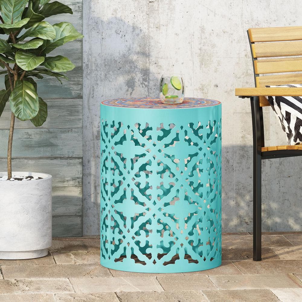 Elegant Multicolor Marble & Metal Round End Table with Lace Cut Design