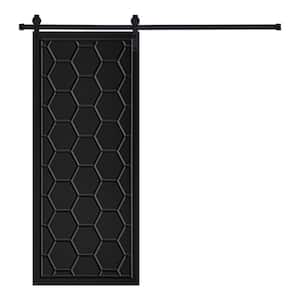 Modern Framed Honeycomb Designed 80 in. x 30 in. MDF Panel Black Painted Sliding Barn Door with Hardware Kit