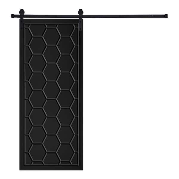 AIOPOP HOME Modern Framed Honeycomb Designed 84 in. x 28 in. MDF Panel Black Painted Sliding Barn Door with Hardware Kit