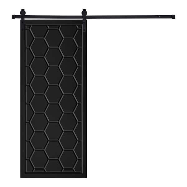 AIOPOP HOME Modern Framed Honeycomb Designed 96 in. x 36 in. MDF Panel Black Painted Sliding Barn Door with Hardware Kit