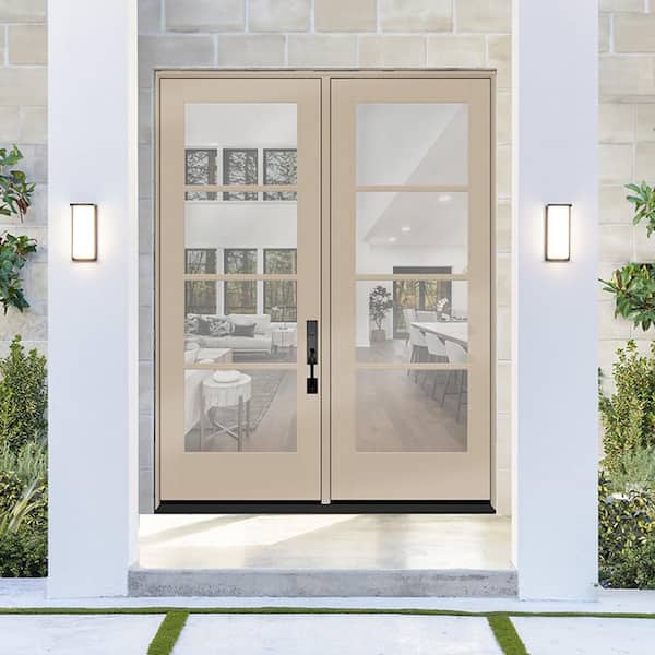 Legacy 64 in. x 96 in. Icon 4L Modern Clear Glass Sandstone LHIS Fiberglass Double Prehung Front Door with 4-9/16 Jamb