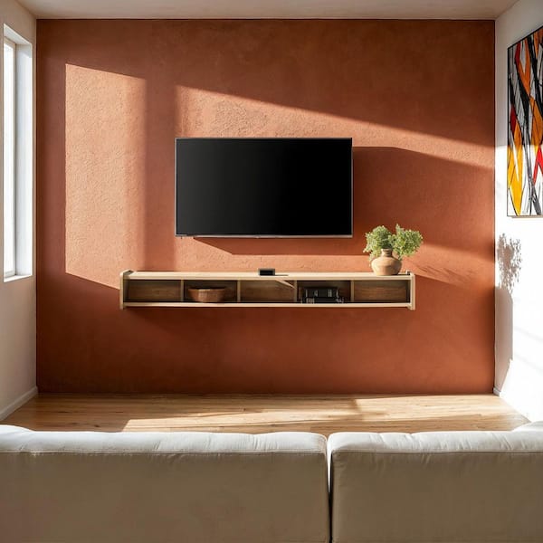 Walker Edison Furniture Company 65 in. Coastal Oak Wood Modern Floating TV Stand with Divided Shelf Fits TVs up to 70 in.