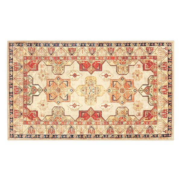 My Magic Carpet Ottoman Natural Medallion Washable 3 ft. x 5 ft. Area Rug