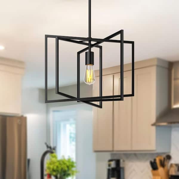 60-Watt 1 Light Matte Black Pendant Light with Irregular Geometric Cage Metal Shade, No Bulbs Included