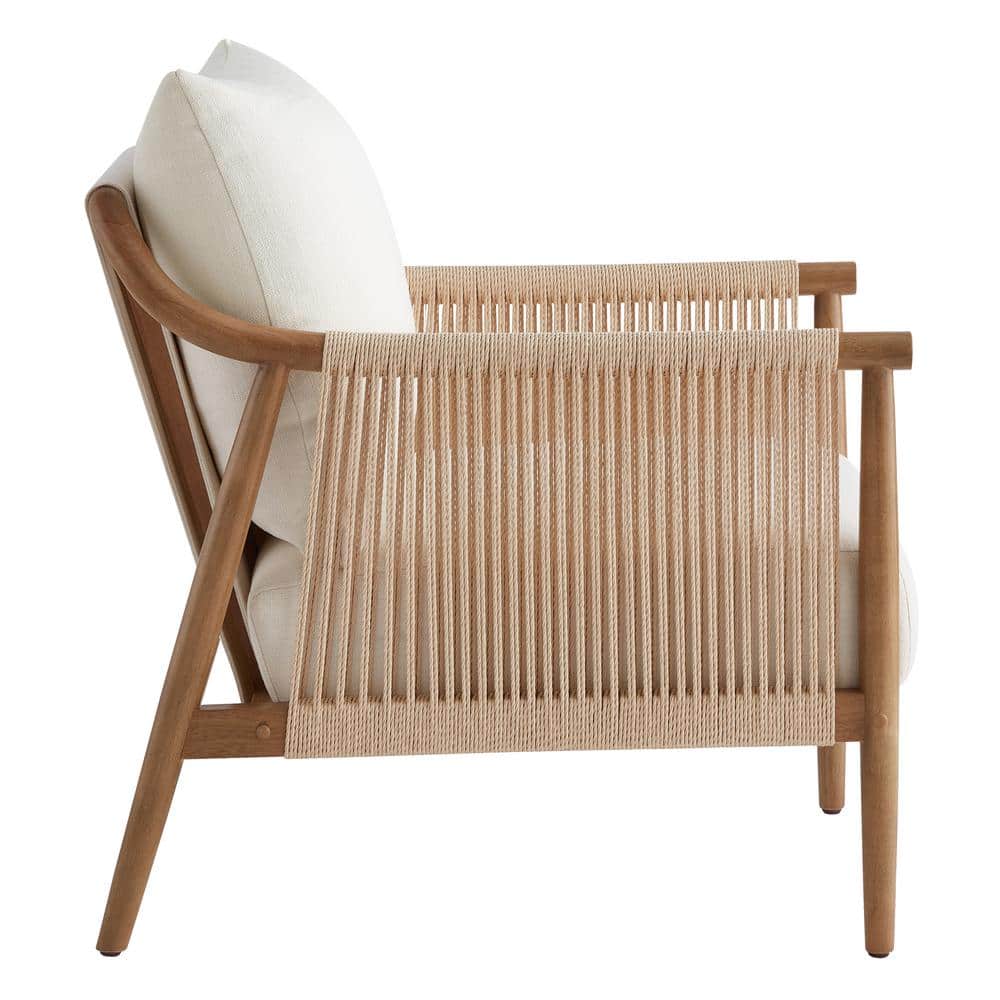 Cream Fabric and Wood Square Arm Accent Chair