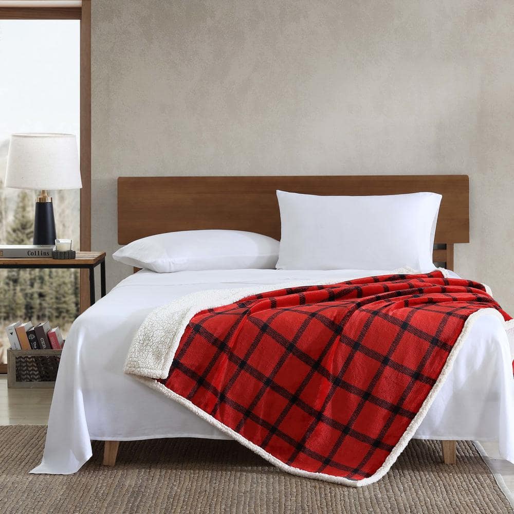Red Plaid Reversible Sherpa Fleece Throw Blanket