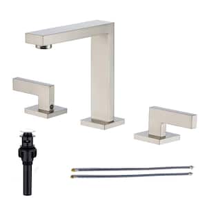 Square 8 in. Widespread 2-Handle Bathroom Faucet with Drain Kit and Water Supply Lines Included in Brushed Nickel