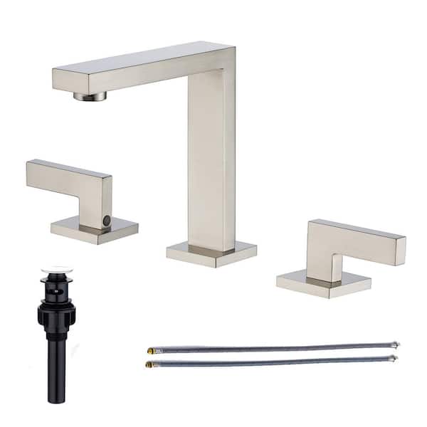 RAINLEX Square 8 in. Widespread 2-Handle Bathroom Faucet with Drain Kit and Water Supply Lines Included in Brushed Nickel