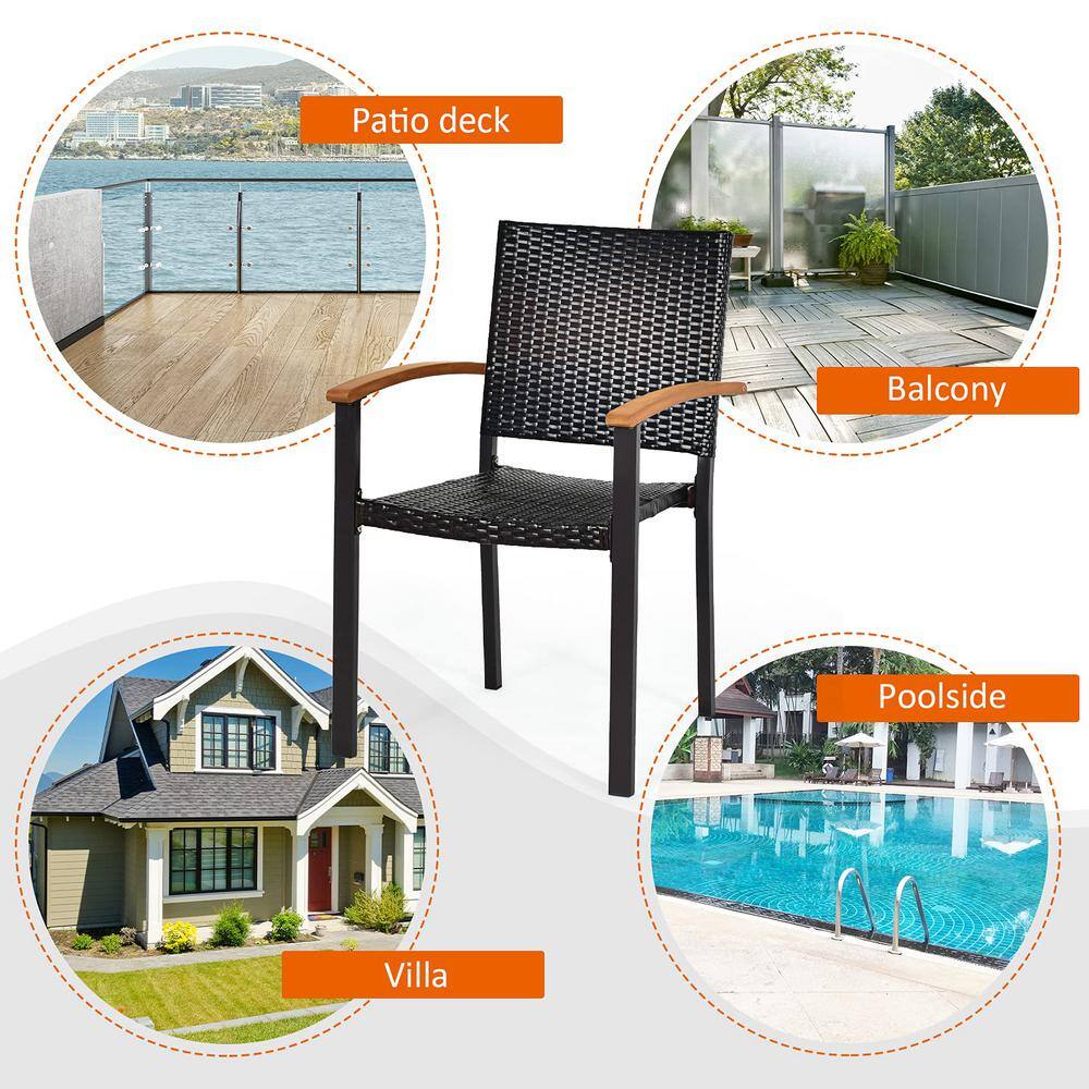 Black Wicker and Acacia Wood Stackable Outdoor Dining Chairs, Set of 4