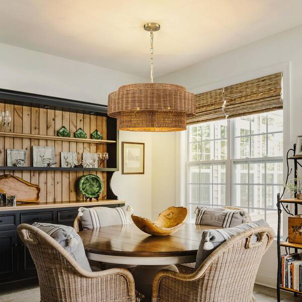 ZYZWMB 23.6 in. 5-light 2-Tier Natural Rattan Drum Gold Pendant