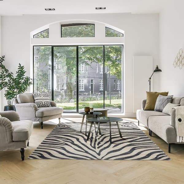 Gertmenian Zebra Black White 6 ft. x 9 ft. Crystal Print Polyester Digital Printed Area Rug