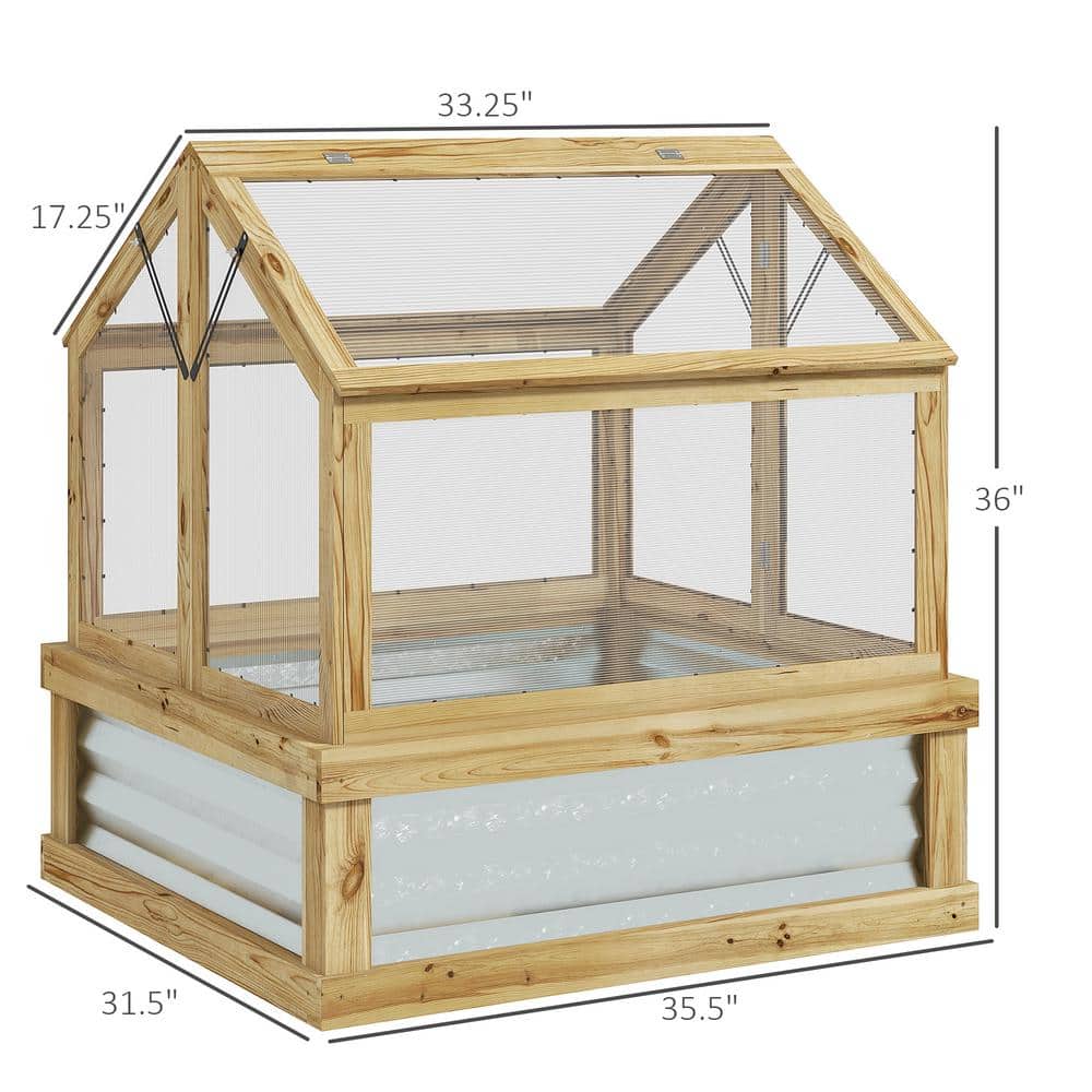 Natural Fir Wood Raised Garden Bed with Polycarbonate Greenhouse