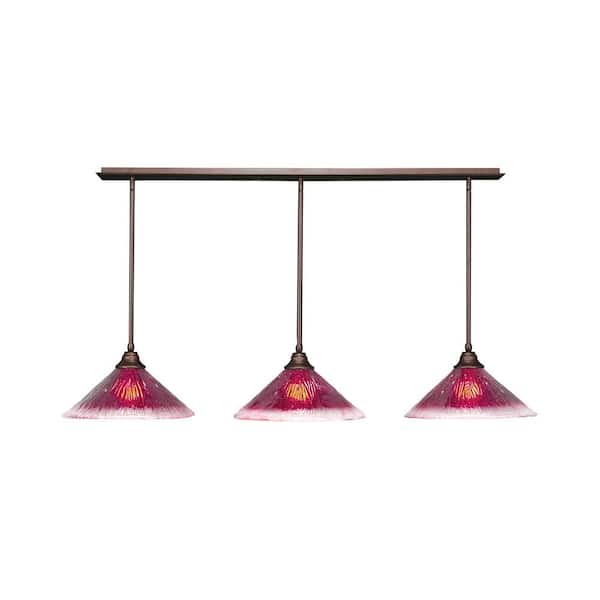 Unbranded Livingston 100-Watt 3 Light Bronze Linear Pendant Light with 16 in. Raspberry Crystal Glass Shades No Bulbs Included
