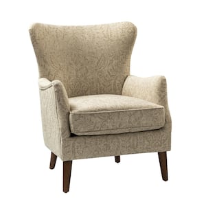 Leonhard Beige Floral Fabric Pattern Wingback Design Armchair with English Arms