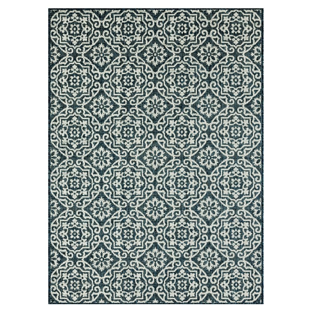 Teal Blue Geometric Synthetic Indoor/Outdoor Area Rug